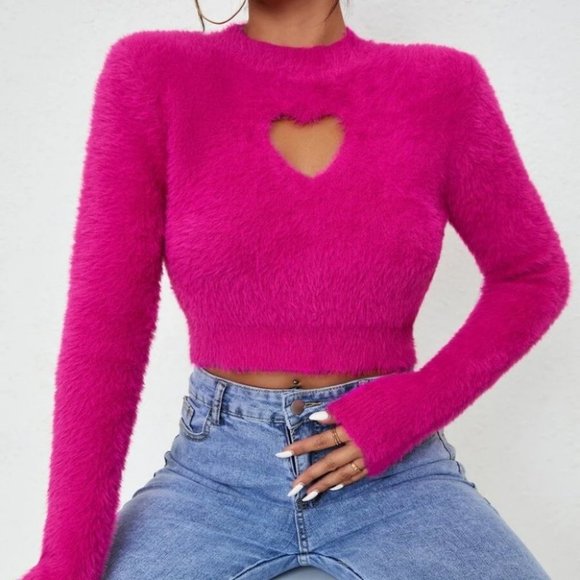 Comfy Heart Cut Out soft Fuzzy hot pink knit Sweater top - Picture 6 of 6